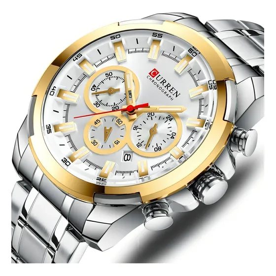 Reloj de pulsera Curren 8361 con correa de acero inoxidable de color plateado y dorado, fondo negro
