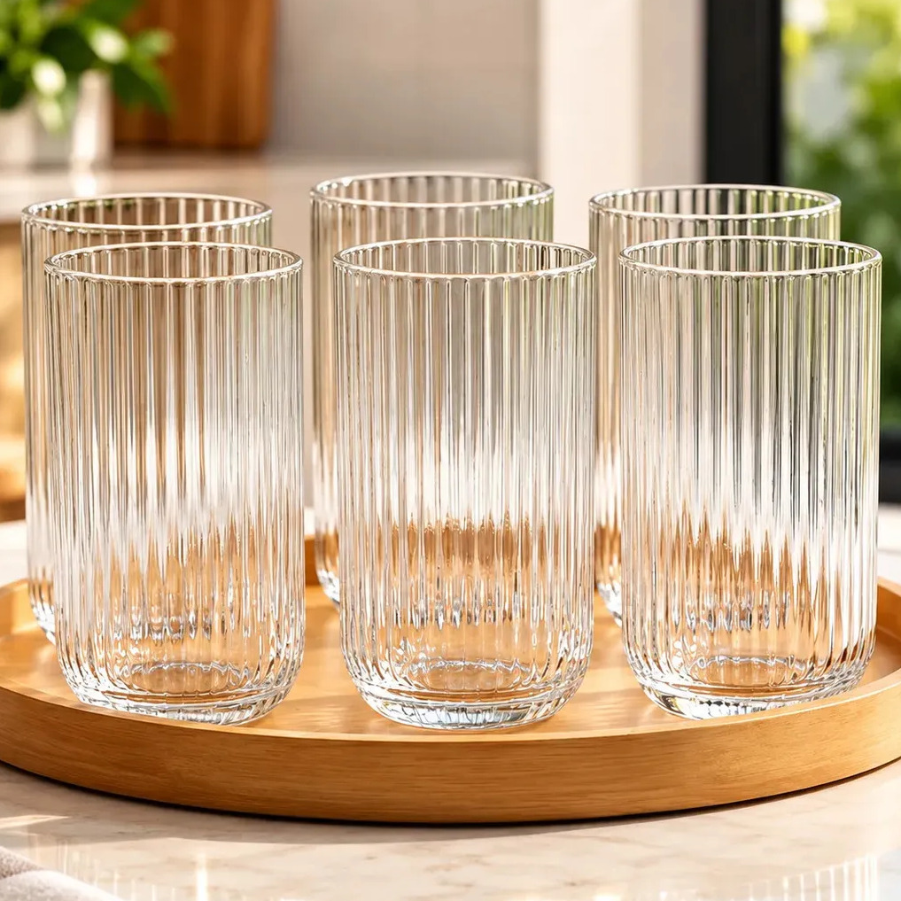 Jogo 6 Copos De Vidro Canelado Transparente 450ml Conjunto Elegante Agua Sucos Drinks Chá Café Mesa Posta Natal Luxo Jogo 6 Copos De Vidro Canelado Transparente 450ml Conjunto Elegante Agua Sucos Drinks Chá Café Mesa Posta Natal Luxo