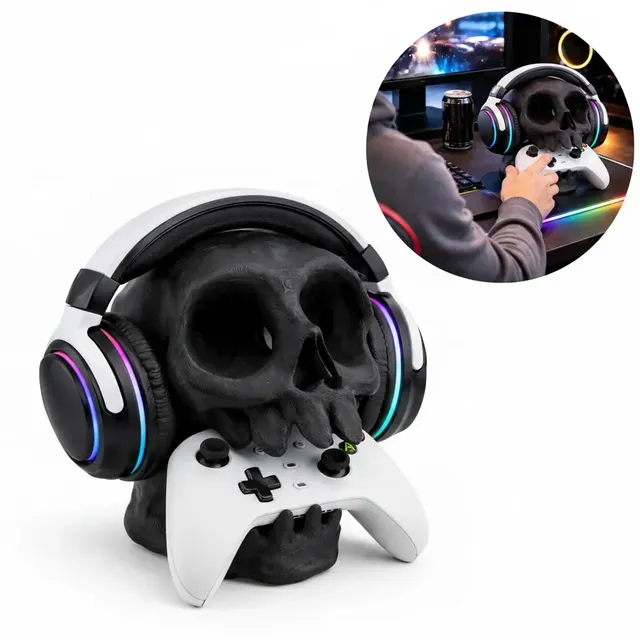 Suporte De Caveira Preto Para Fone Headset E Controle Xbox Parede Gamer Skull Resistente