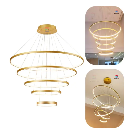Lustre Pendente 5 Aneis Arcos Moderno Dourado Pe Direito Duplo Top 127/220V Equipe Led
