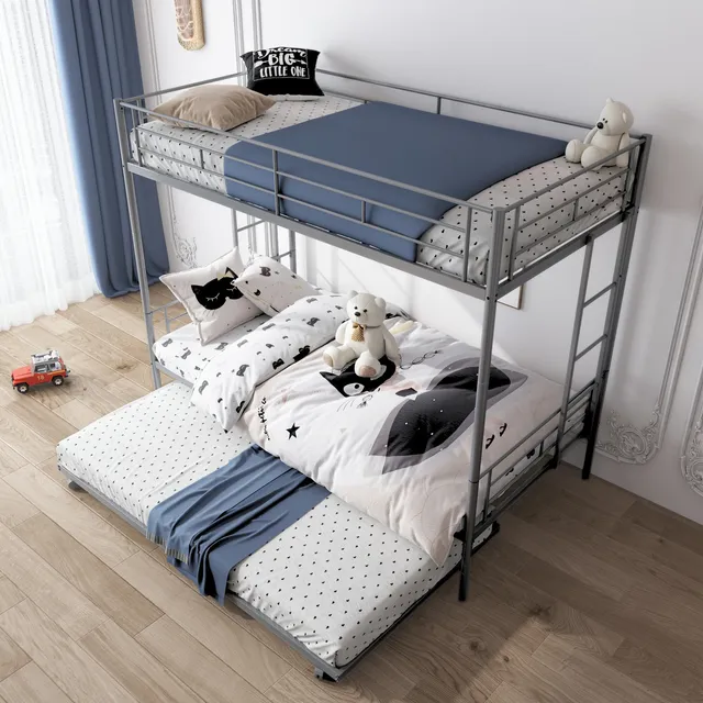Litera Individual Con Cama Extra Con Escaleras Y Barandillas Color Gris