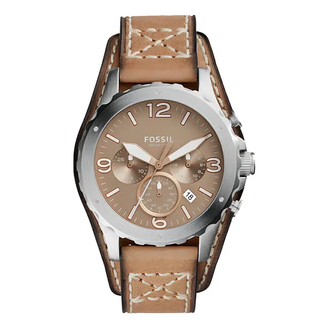 Reloj Fossil Jr1518 Hombre Malla Marrón Bisel Plateado Fondo Beige