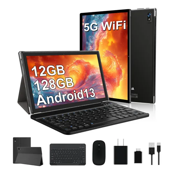 Tableta Para Niños Aocwei X900 Negro 2024 Octa core 10'' 128GB ROM 12GB RAM TF 1TB Expansión 2.0Ghz 5G WIFI Bluetooth 5.0 Control Parental con Funda Mouse Teclado con Certificación