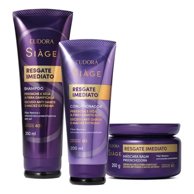 Kit de tratamento capilar Eudora Siàge Resgate Imediato contendo um frasco de shampoo, um de condicionador e um pote de máscara balm, todos com embalagem roxa.