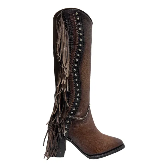 Bota Alta Casual Formal Mujer Cuadra Piel Barbas Café