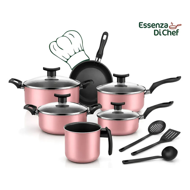 Jogo de panelas antiaderente Essenza Di Chef na cor rosa com 9 peças, incluindo frigideira, panelas com tampa de vidro e utensílios de cozinha pretos.