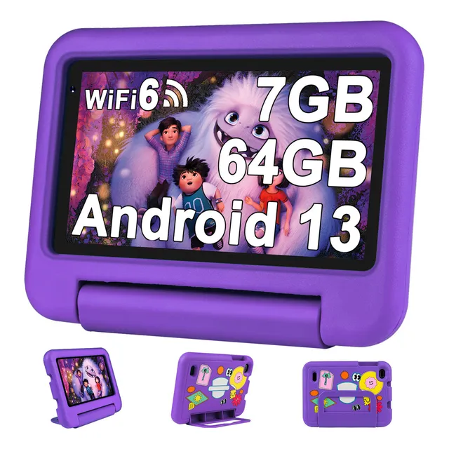 Tablet Kids con Funda Oangcc A8 7 Pulgadas Violeta 64GB y 7GB de RAM Android 13 Control Parental Wifi GPS Kids Space Dual Camara Violeta