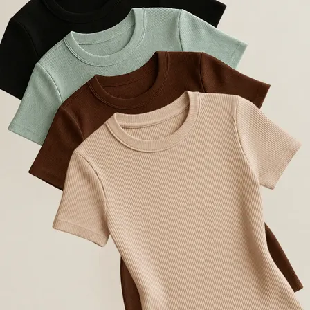 Kit 4 Blusas Femininas Caneladas Ribana Manga Curta Básica Preto Verde Marrom E Nude Liso M/g (36/42)