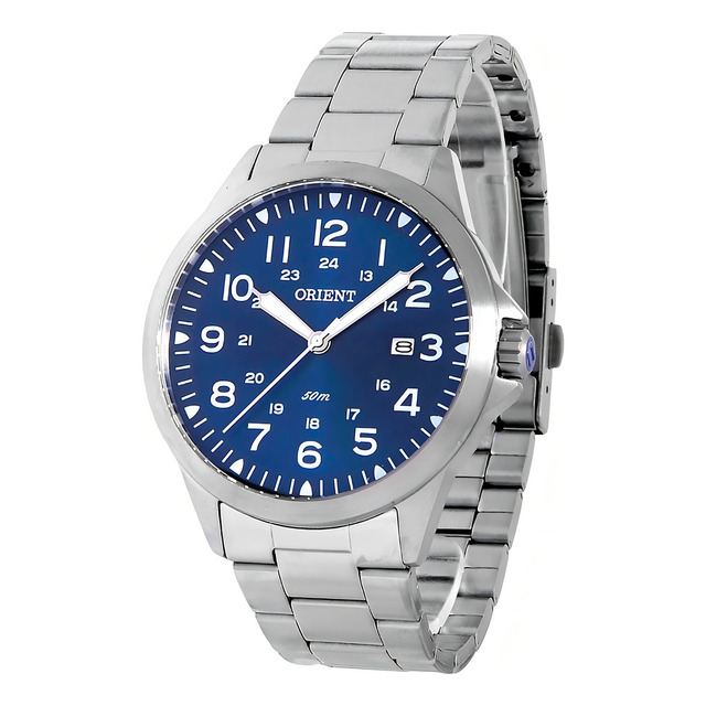 Relógio Orient Eternal Mbss1380 Cor Prateado Com Fundo Azul Relógio Orient Eternal Mbss1380 Cor Prateado Com Fundo Azul