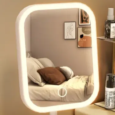 Espelho Led De Mesa Touch Recarregável Usb E 3 Cores De Luz Retangular - Branco