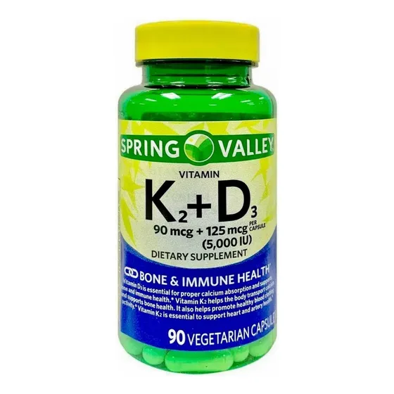 Frasco Vitamina K2 + D3 con 90 Cápsulas Veganas Spring Valley Premium Sin sabor Ayuda A Aumentar La Fortaleza Ósea Puede Ayudar A Prevenir La Osteoporosis Ayuda A Fijar El Calcio En Huesos Y Dientes