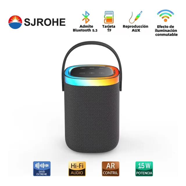 Sjrohe Bocina Altavoz Portátil 15w 2000 Mah, Sonido Inalámbrico Multifuncional Con Rgb Luz Led, Bluetooth 5.3 Ipx6 Sonido Estéreo Hd Bajos Profundos, Reproducción De Aux/micro Sd/tf/usb, Negro
