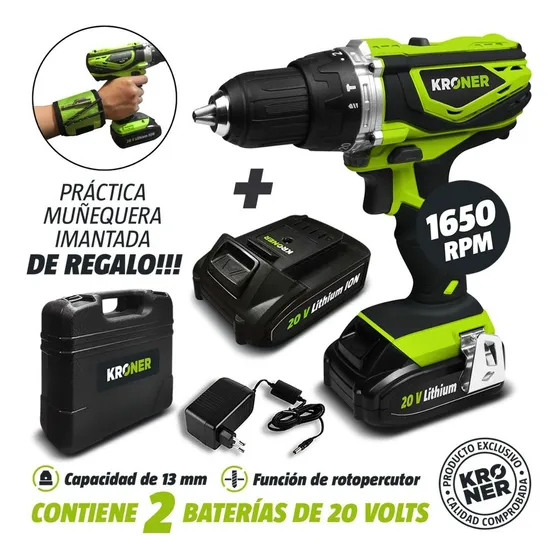 Taladro Percutor 13mm Inalámbrico 20 Volts Kroner 2 Baterías Mas Muñequera
