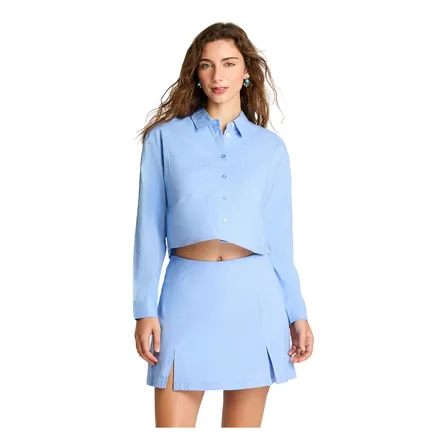 Blusa Crop Manga Larga Lino Celeste Mujer Invierno Hasta Xxl