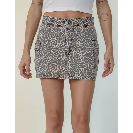 Pollera Cargo Animal Print Tiro Medio Mujer Kinoa Denim