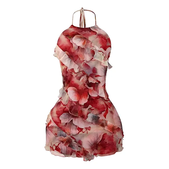 Vestido Rojo Floral Tropical Elegante Fiesta Importado Shein