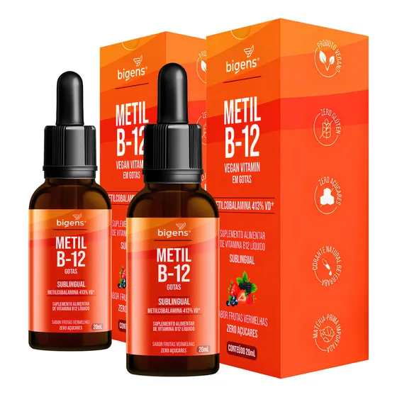 Kit Com 2x Metil B-12 Vegan Vitamin Gotas Liquida Metilcobalamina 413% Vd Sabor Frutas Vermelhas 20ml Bigens