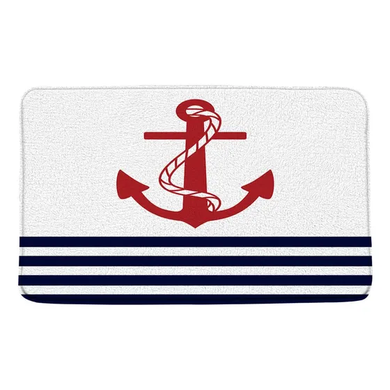 Tapete Baño Diseño Raya Azul Blanca Nautico Color Rojo Ancla