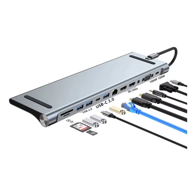 Docking Station Usb-c 12 En 1 Hdmi 4k Vga Lan Sd Audio