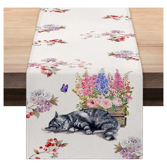 Camino Mesa Arpillera 72  Largo Rosa Gato Floral Decoracion