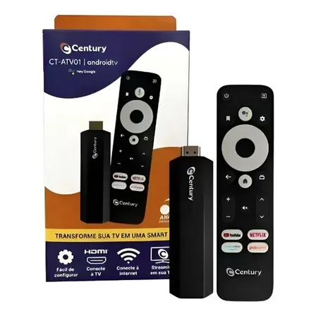 Century Smart Stick Android TV Wi-Fi 8GB Comando de Voz Chromecast HDMI