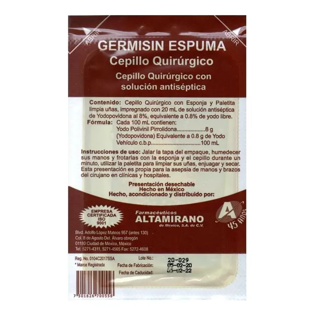 Cepillo Quirúrgico Estéril Con Solución Antiséptica Germisin