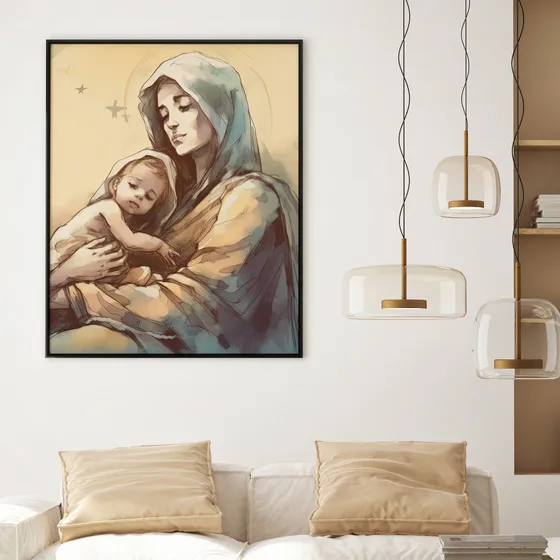 Quadro Virgem Maria Com Menino Jesus Releitura C/ Moldura