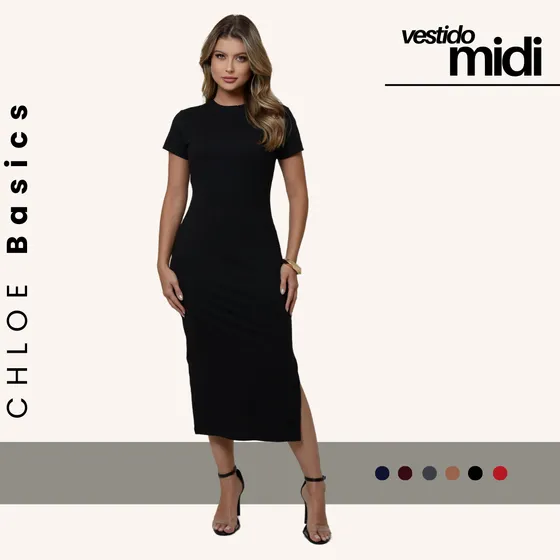 Vestido Midi Canelado Casual Básico Acinturado Modelador