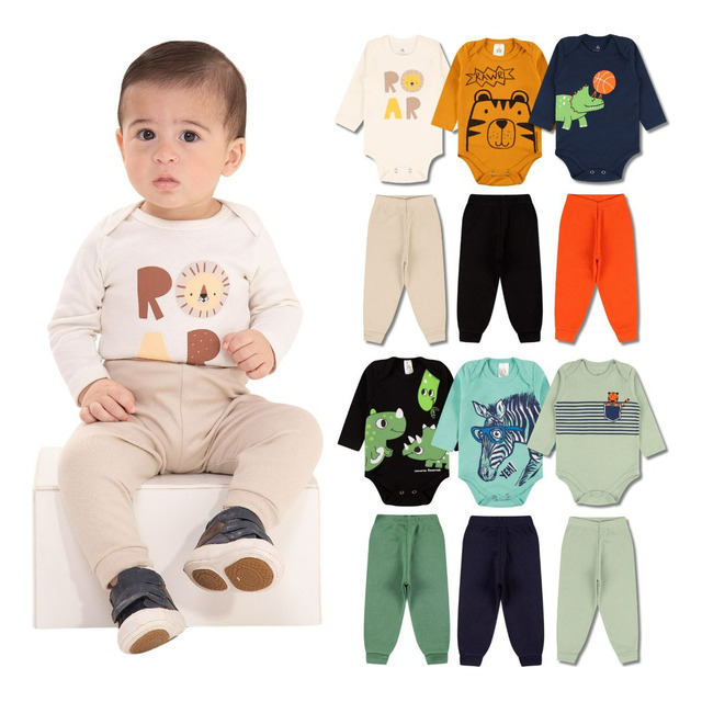 Kit Bebe Menino 10 Peças - 5 Body Manga Longa+5 Calças/mijão Kit Bebe Menino 10 Peças - 5 Body Manga Longa+5 Calças/mijão