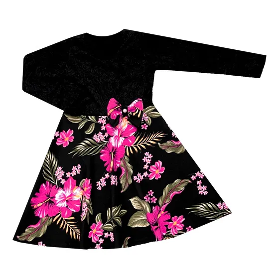 Vestido Infantil De Renda Inverno Manga Longa Com Laço