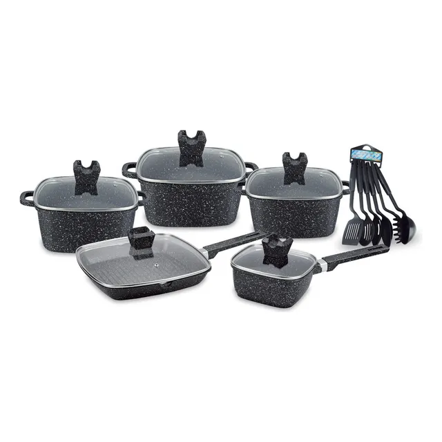 Juego De Olla Granito Volcánico 10 Pzas + 6 Utensilios Negro