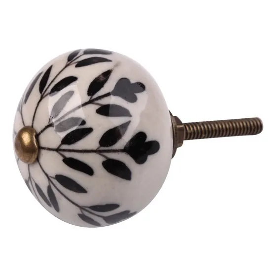 Puxador Decorativo De Cerâmica Branco Preto Trabalhado Cor Preto e Branco