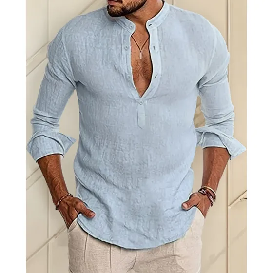 Camisa Hombre Cuello Mao Lino Con Boton Hasta La Mitad