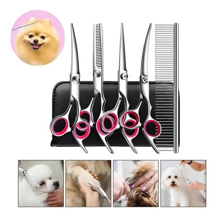 5 Tesoura Pet Cão Reta Curva Petshop Tosa Profissional Rosa