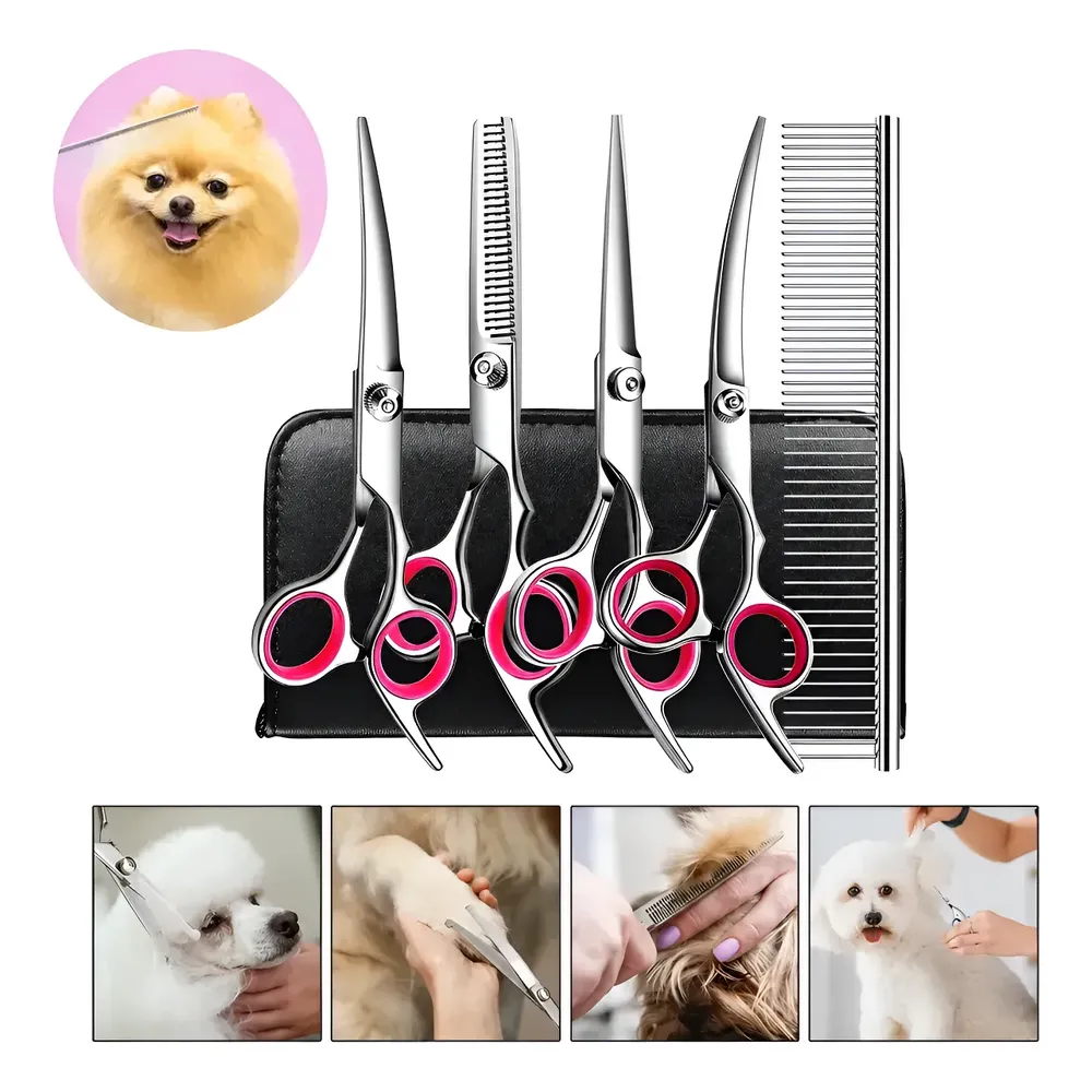 5 Tesoura Pet Cão Reta Curva Petshop Tosa Profissional Rosa