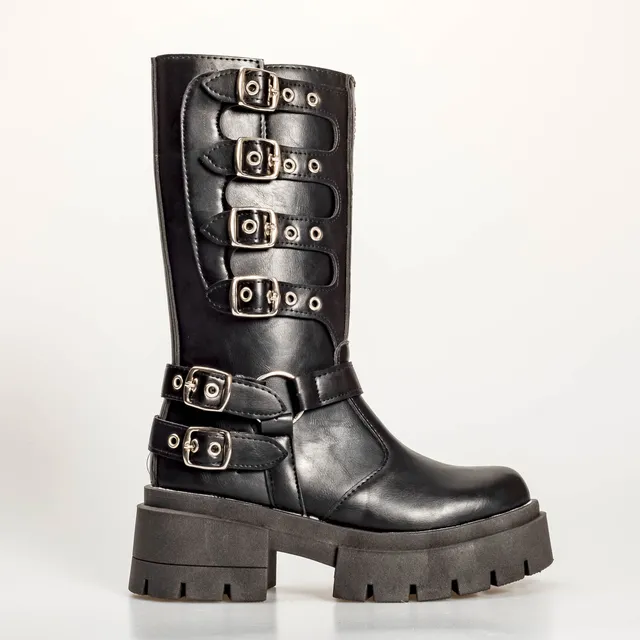 Botas Mujer Eco Cuero Biker Caña Alta Con Hebillas