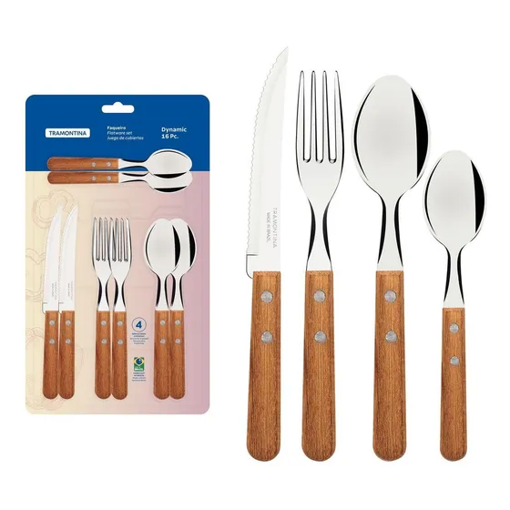 Juego 16 Cubiertos Tramontina Dynamic Acero Inox Mango Madera Cuchillo Tenedor Cuchara Cucharita 32200373