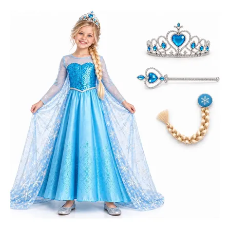 Fantasia Vestido Infantil Princesa Com Capa E Acessórios Azul P 3 A 4 Anos