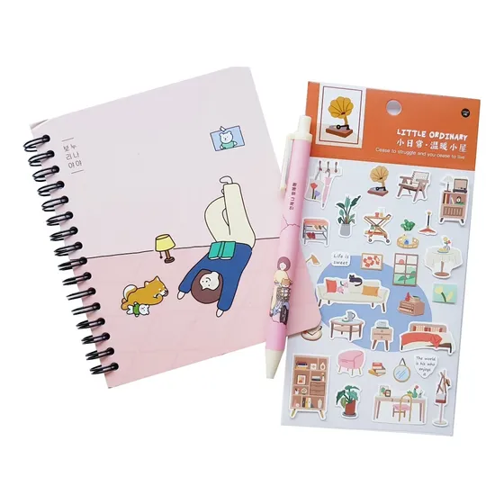 Set Kawaii Libreta Pasta Dura Coreana + Pluma + Stickers