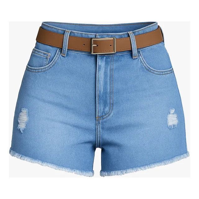 Short Jeans Feminino Com Cinto Cintura Alta Jeans Claro