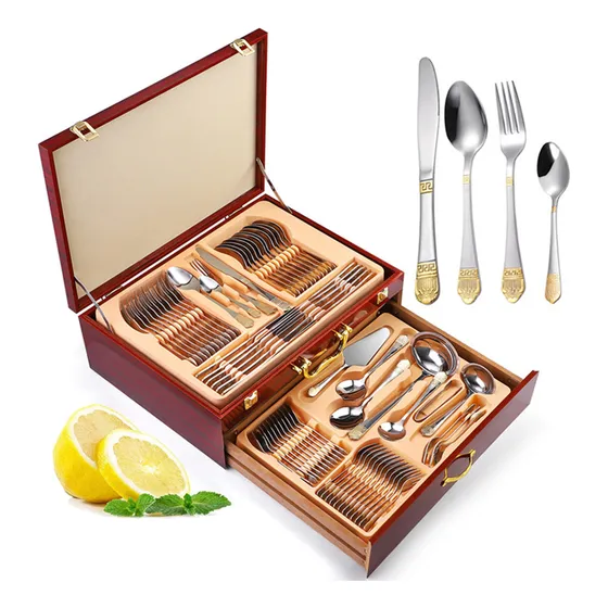 Faqueiro Inox 84 Peças Talheres Banhado Ouro Maleta Madeira
