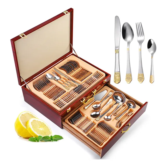 Faqueiro Inox 84 Peças Talheres Banhado Ouro Maleta Madeira