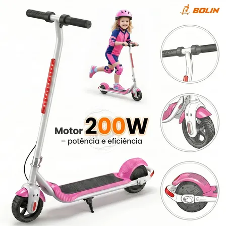 Patinete Elétrico Infantil Bolin KS203 Rosa, Dobrável com Luzes LED e Autonomia de 15 km