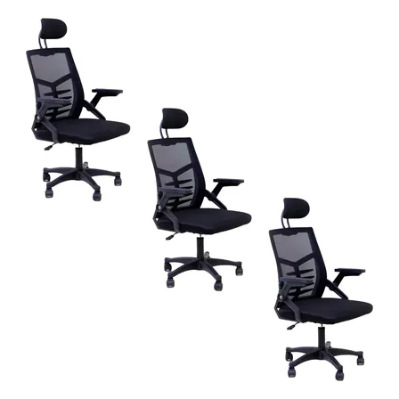 Kit 3 Cadeiras Escritório Executiva Diretor Relax Ergonômica Apoio De Cabeça Oficial Webshop Preto Náilon