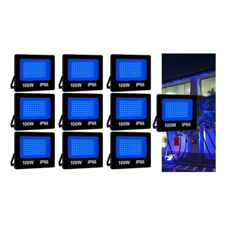 Kit 10 Refletor Holofote 100w Azul Bivolt Decoração Piscina 127/220v Preto Azul