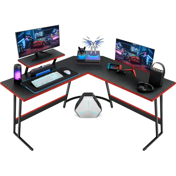 Escritorio Gamer en L Melamina Fibra de Carbono 130x130x76cm Negro Rojo