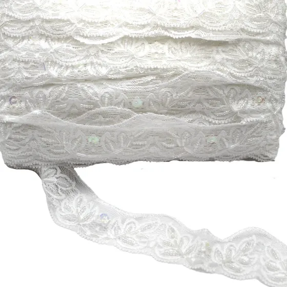 Encaje Elastico Con Lentejuela 23 Mts Color Blanco
