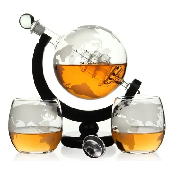 Decantador De Whisky Licor Botella Y 2 Vasos Mundo Planeta