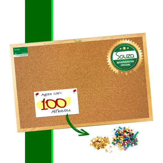 Quadro Cortiça 60x40 + 100 Alfinetes Mural Aviso Lembrete