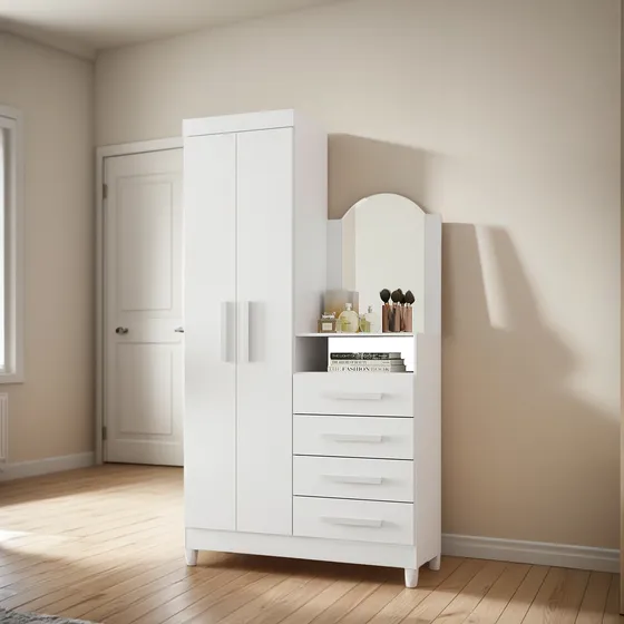 Guarda Roupa Cômoda Luxo Espelho Quarto 2 Portas 4 Gavetas